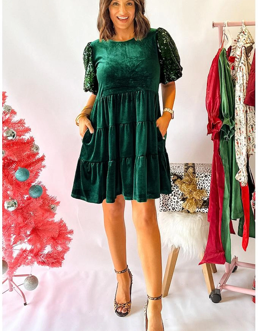 Evergreen Sequin Puff Sleeve High Waist Tiered Velvet Mini Dress