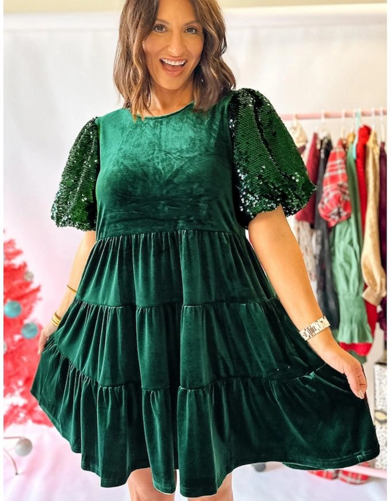 Evergreen Sequin Puff Sleeve High Waist Tiered Velvet Mini Dress