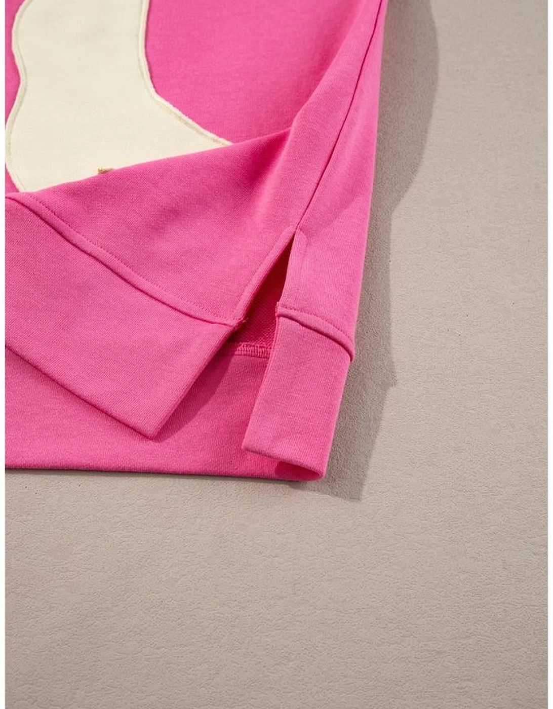 Strawberry Pink Contrasting Color Ribbon Bow Front Patch Loose Tee with Slits