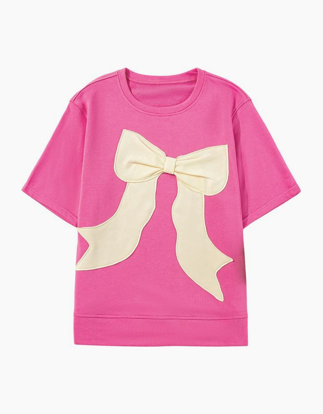 Strawberry Pink Contrasting Color Ribbon Bow Front Patch Loose Tee with Slits