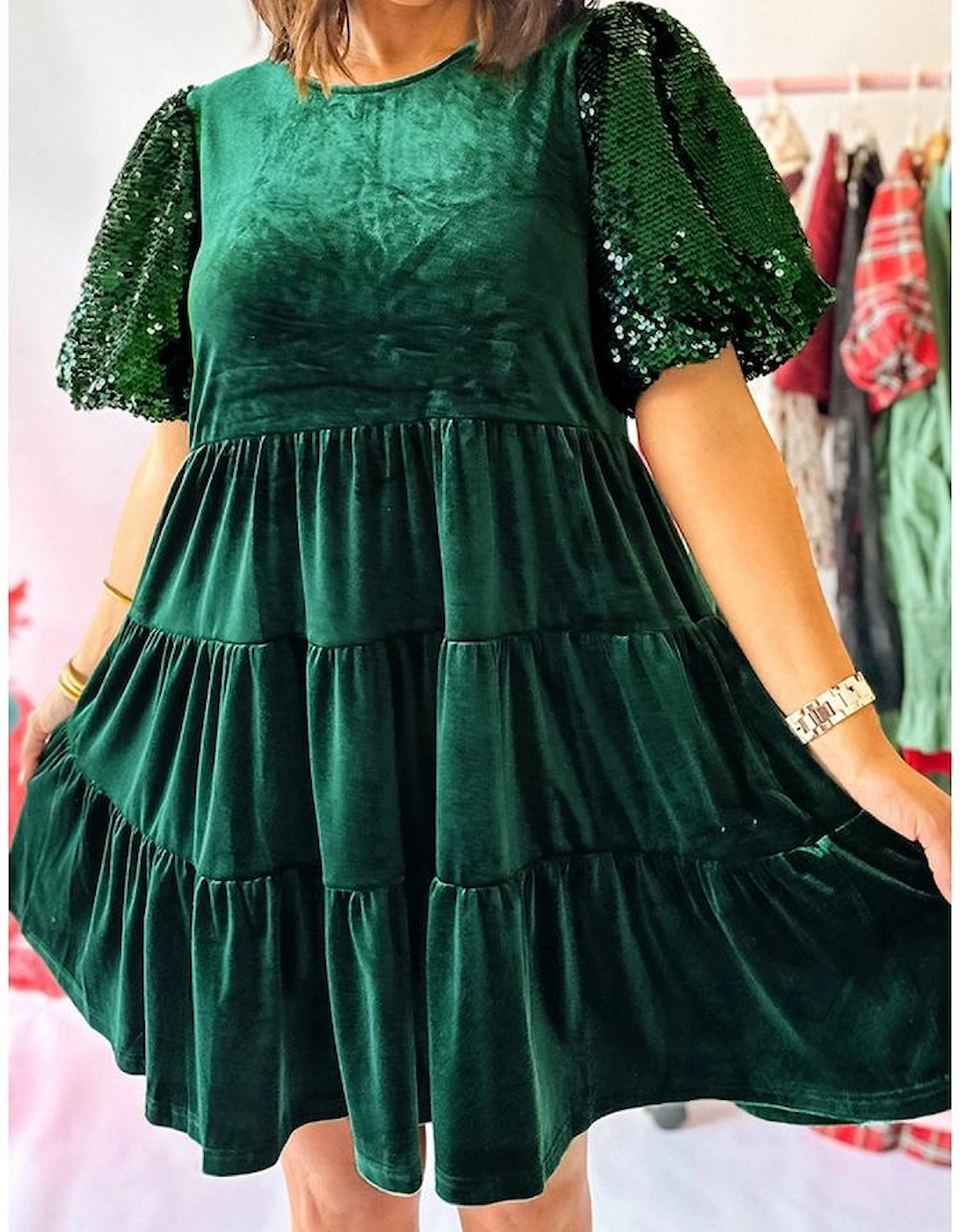 Evergreen Sequin Puff Sleeve High Waist Tiered Velvet Mini Dress