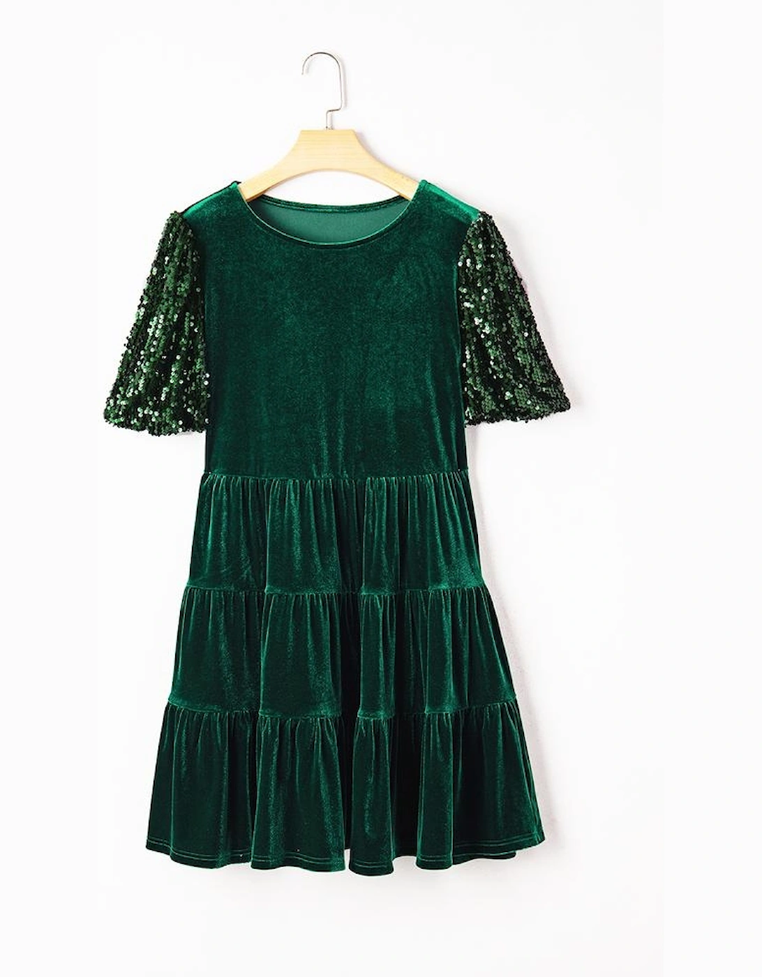Evergreen Sequin Puff Sleeve High Waist Tiered Velvet Mini Dress