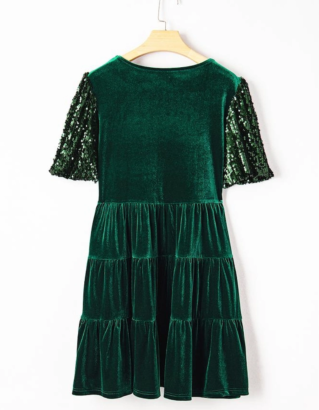 Evergreen Sequin Puff Sleeve High Waist Tiered Velvet Mini Dress