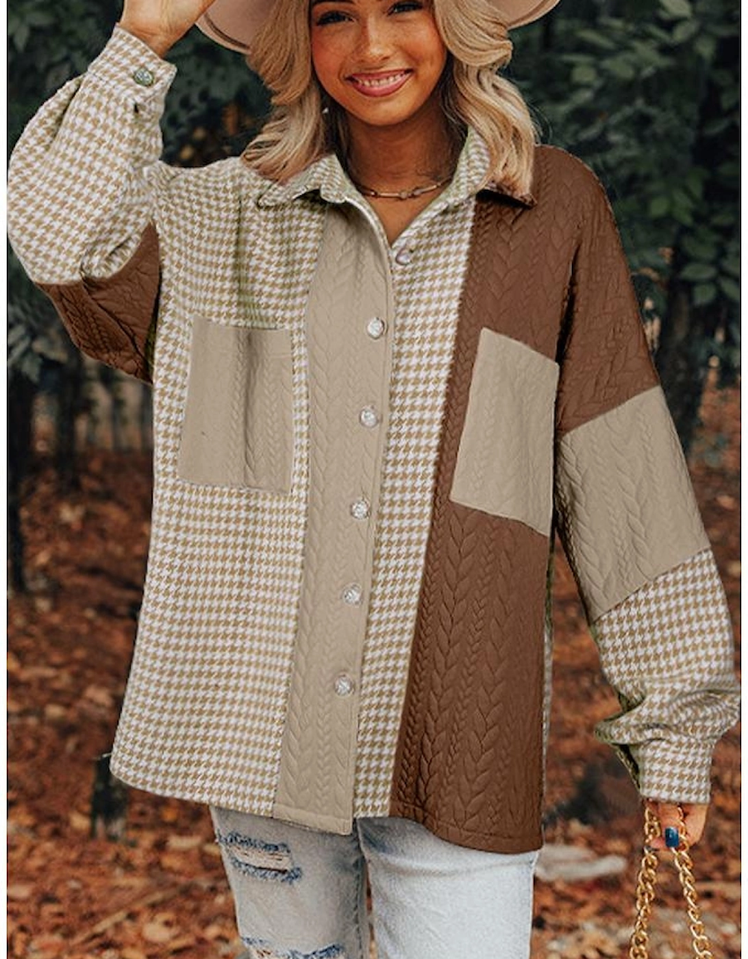 Khaki Houndstooth Color Contrast Textured Patchwork Loose Shacket