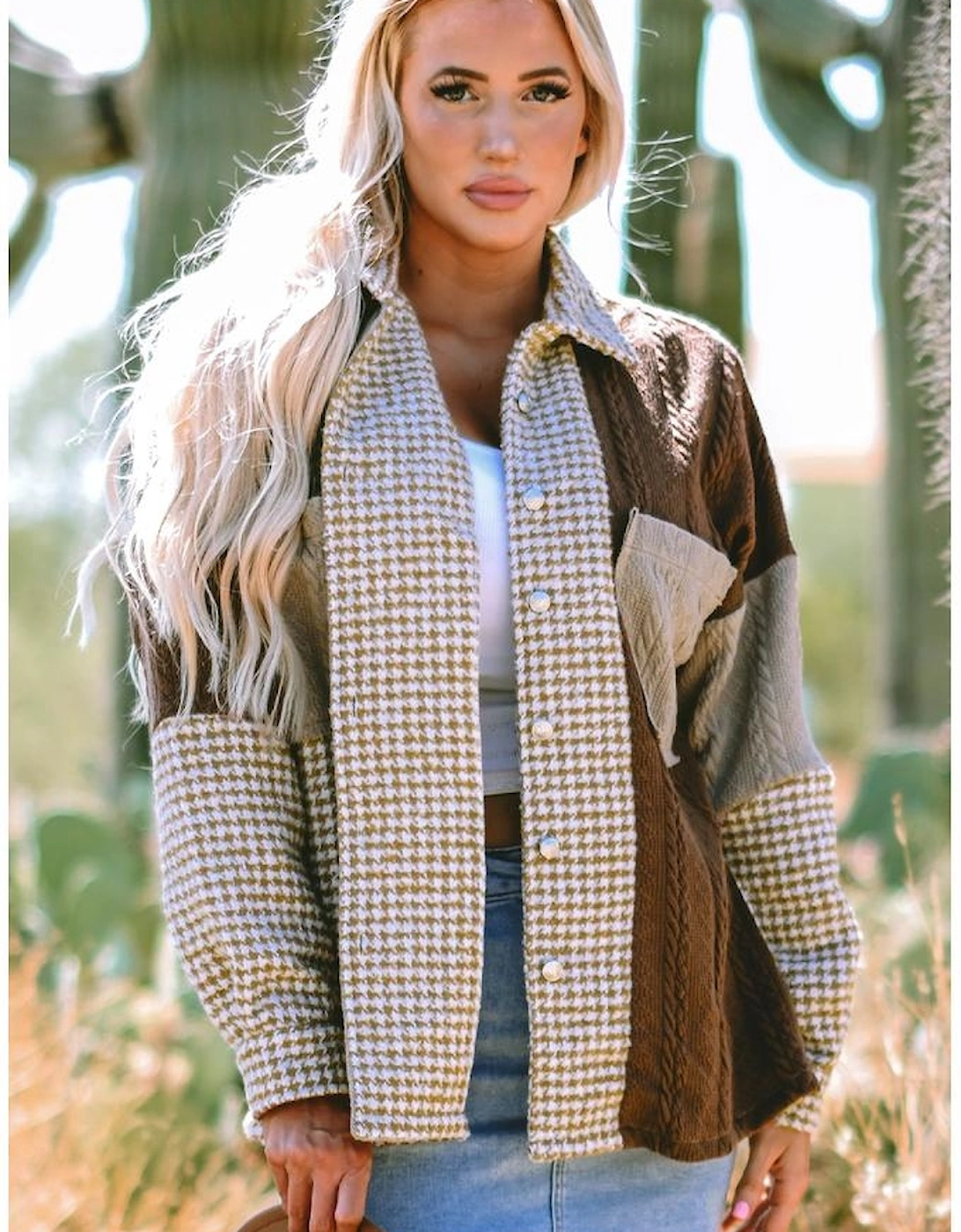 Khaki Houndstooth Color Contrast Textured Patchwork Loose Shacket