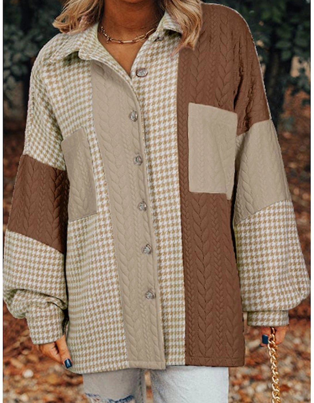 Khaki Houndstooth Color Contrast Textured Patchwork Loose Shacket