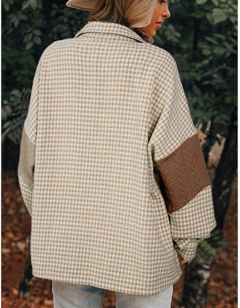 Khaki Houndstooth Color Contrast Textured Patchwork Loose Shacket