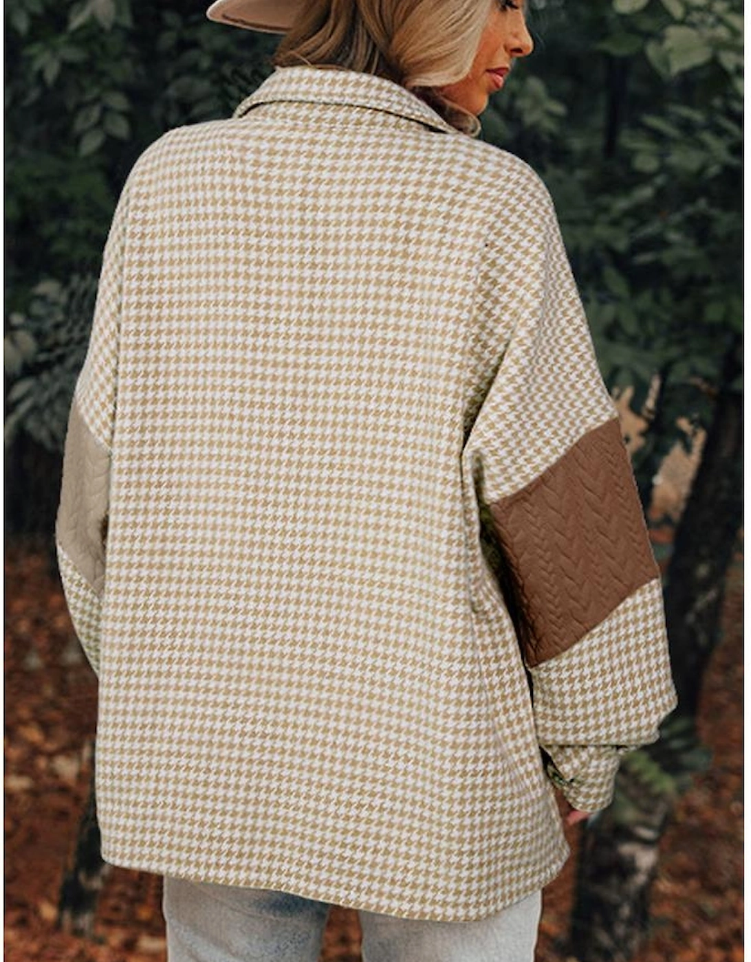 Khaki Houndstooth Color Contrast Textured Patchwork Loose Shacket