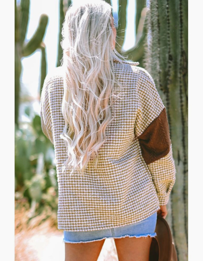 Khaki Houndstooth Color Contrast Textured Patchwork Loose Shacket