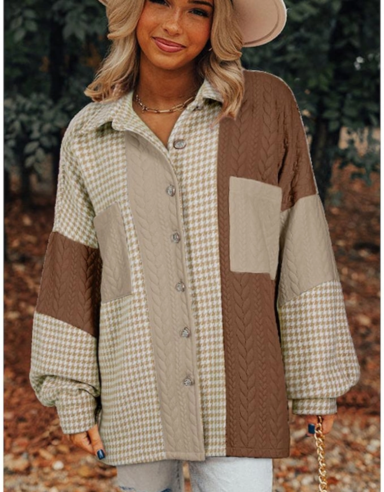 Khaki Houndstooth Color Contrast Textured Patchwork Loose Shacket