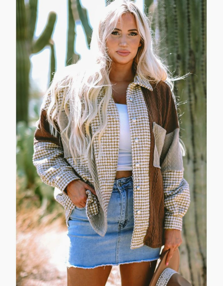 Khaki Houndstooth Color Contrast Textured Patchwork Loose Shacket
