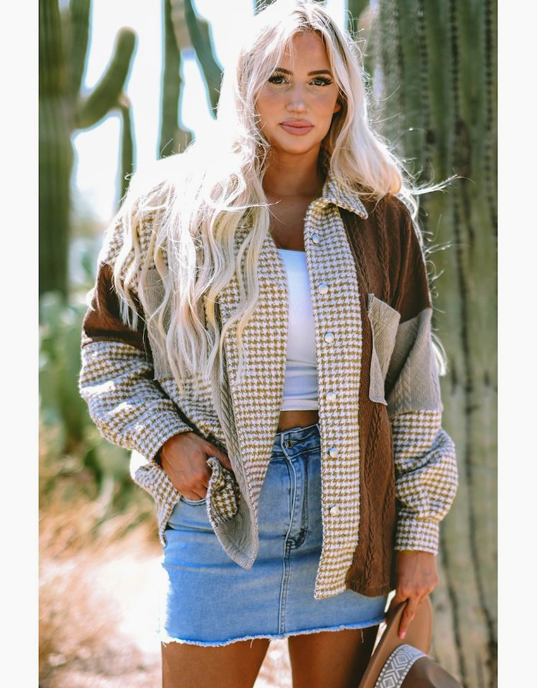 Khaki Houndstooth Color Contrast Textured Patchwork Loose Shacket, 15 of 14