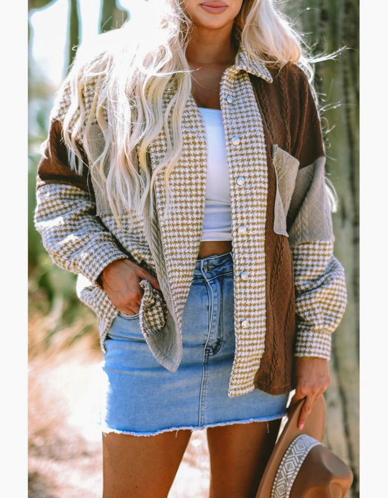 Khaki Houndstooth Color Contrast Textured Patchwork Loose Shacket
