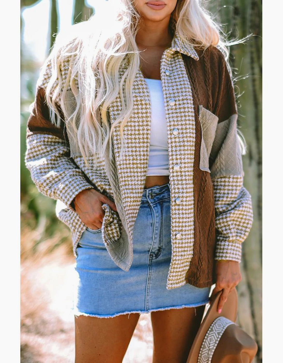 Khaki Houndstooth Color Contrast Textured Patchwork Loose Shacket