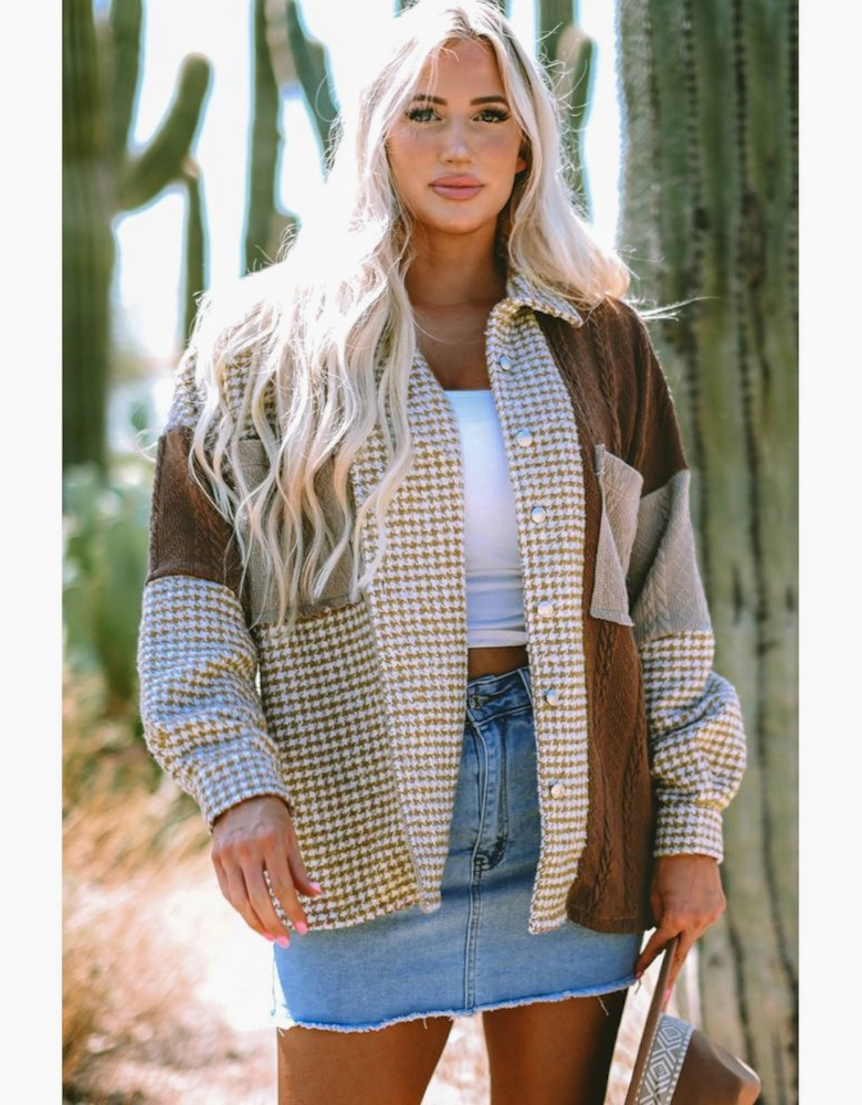 Khaki Houndstooth Color Contrast Textured Patchwork Loose Shacket