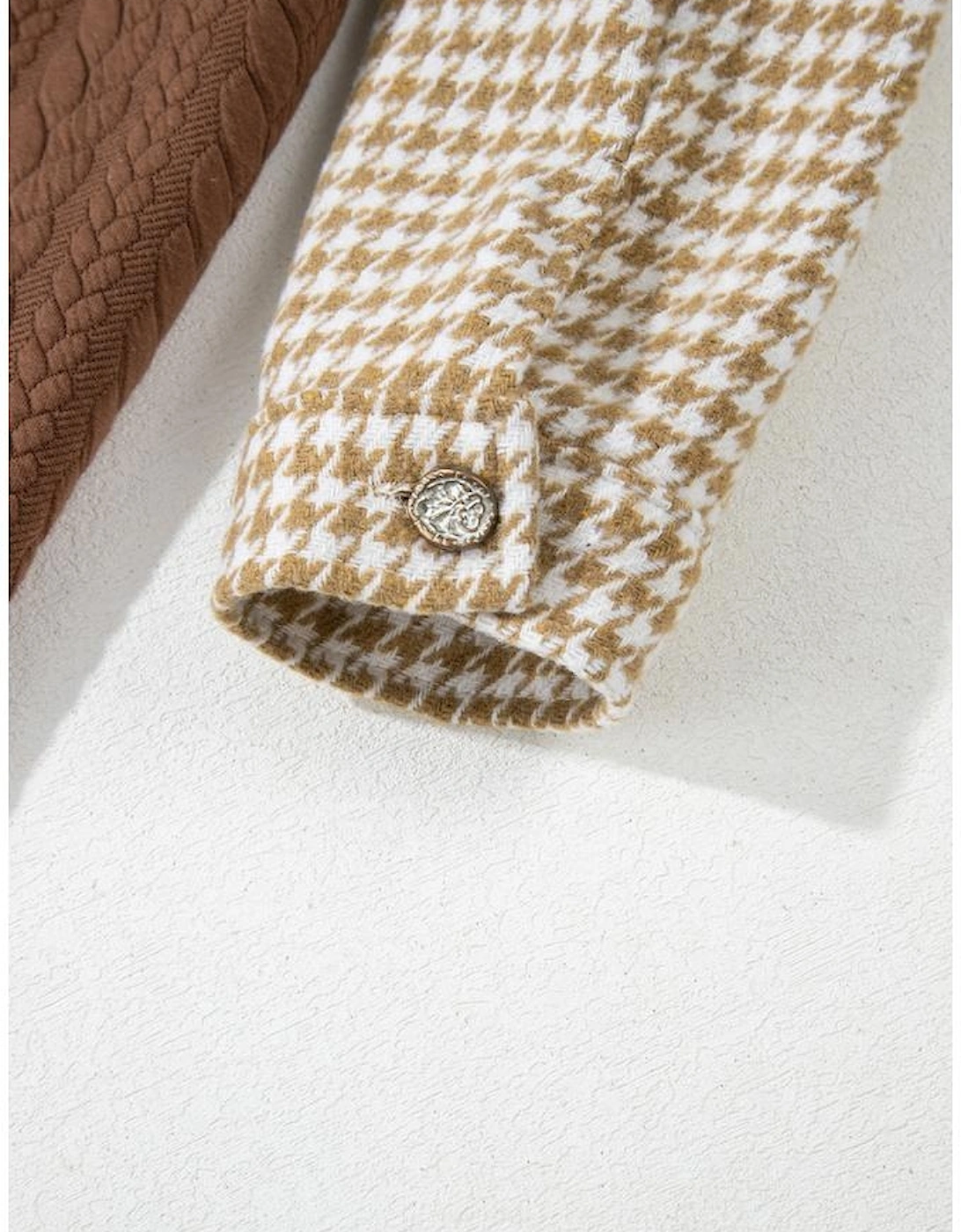 Khaki Houndstooth Color Contrast Textured Patchwork Loose Shacket