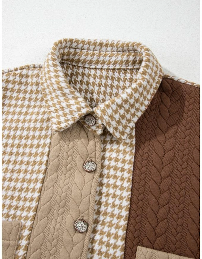Khaki Houndstooth Color Contrast Textured Patchwork Loose Shacket