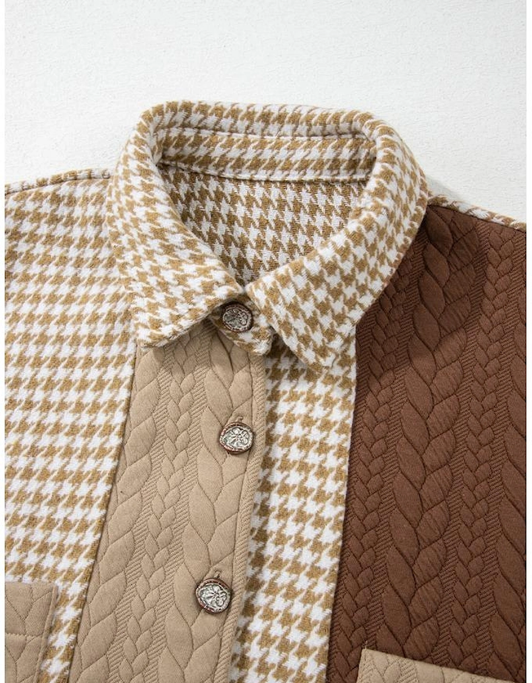 Khaki Houndstooth Color Contrast Textured Patchwork Loose Shacket