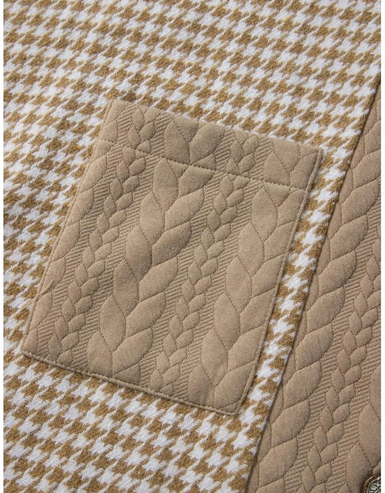 Khaki Houndstooth Color Contrast Textured Patchwork Loose Shacket