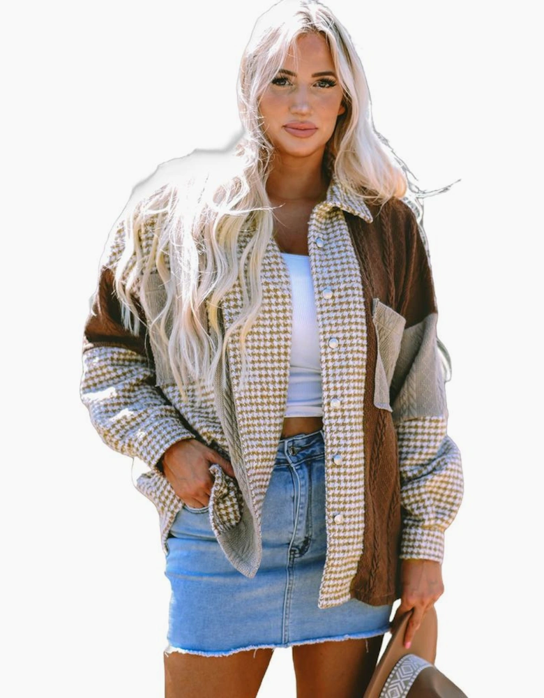 Khaki Houndstooth Color Contrast Textured Patchwork Loose Shacket