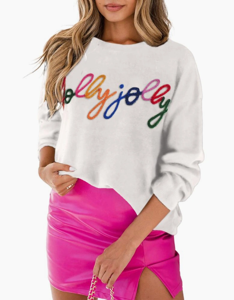 White Holly Jolly Round Neck Casual Sweater