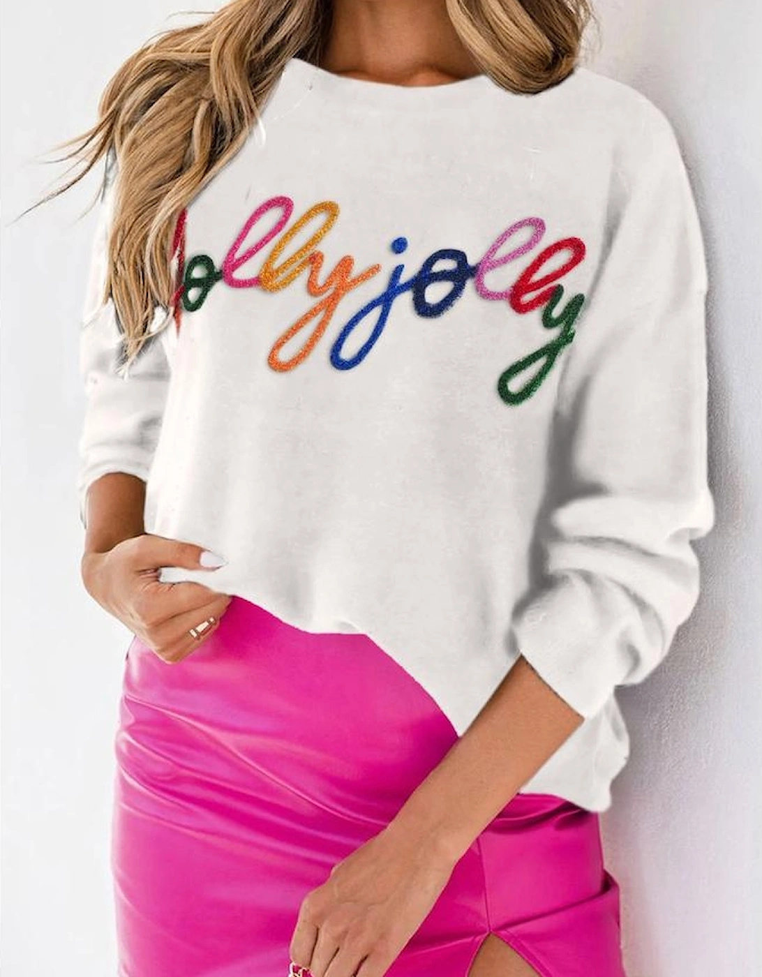 White Holly Jolly Round Neck Casual Sweater