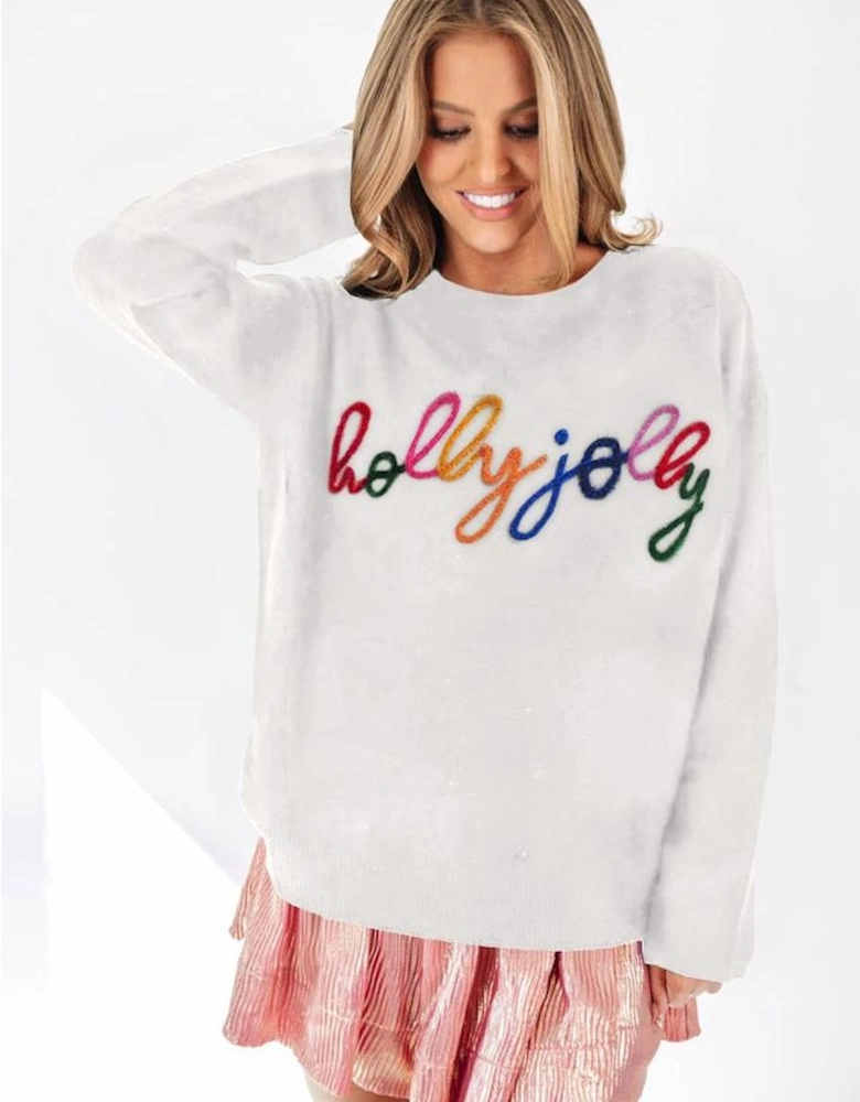 White Holly Jolly Round Neck Casual Sweater