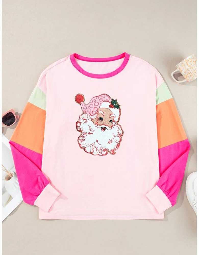 Pink Christmas Santa Claus Graphic Colorblock Patchwork Top