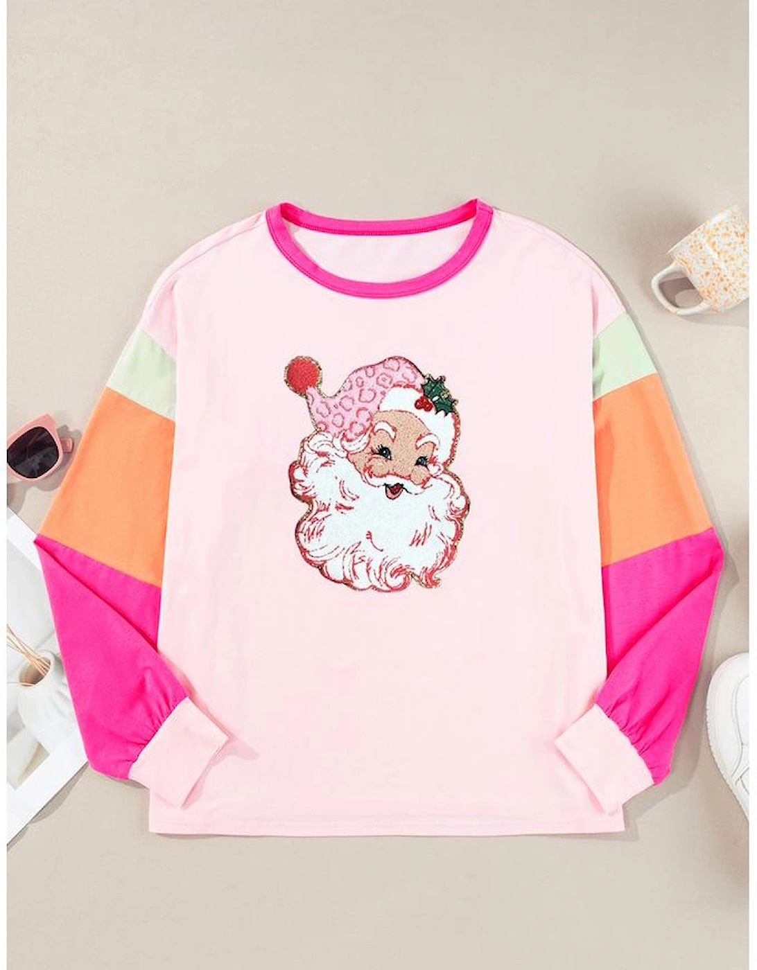 Pink Christmas Santa Claus Graphic Colorblock Patchwork Top