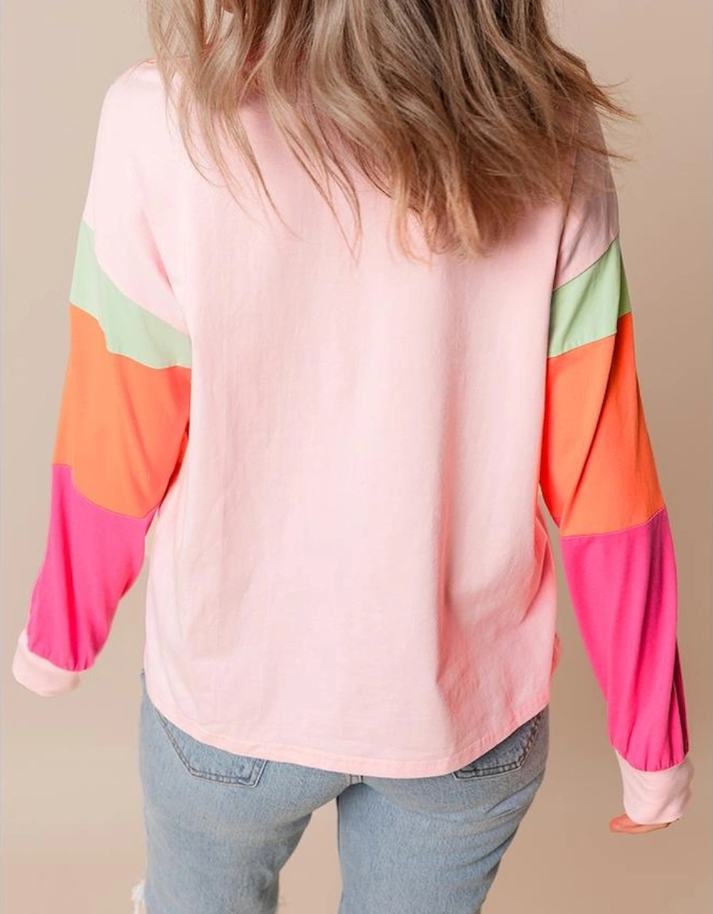 Pink Christmas Sequin Nutcracker Graphic Colorblock Long Sleeve Top