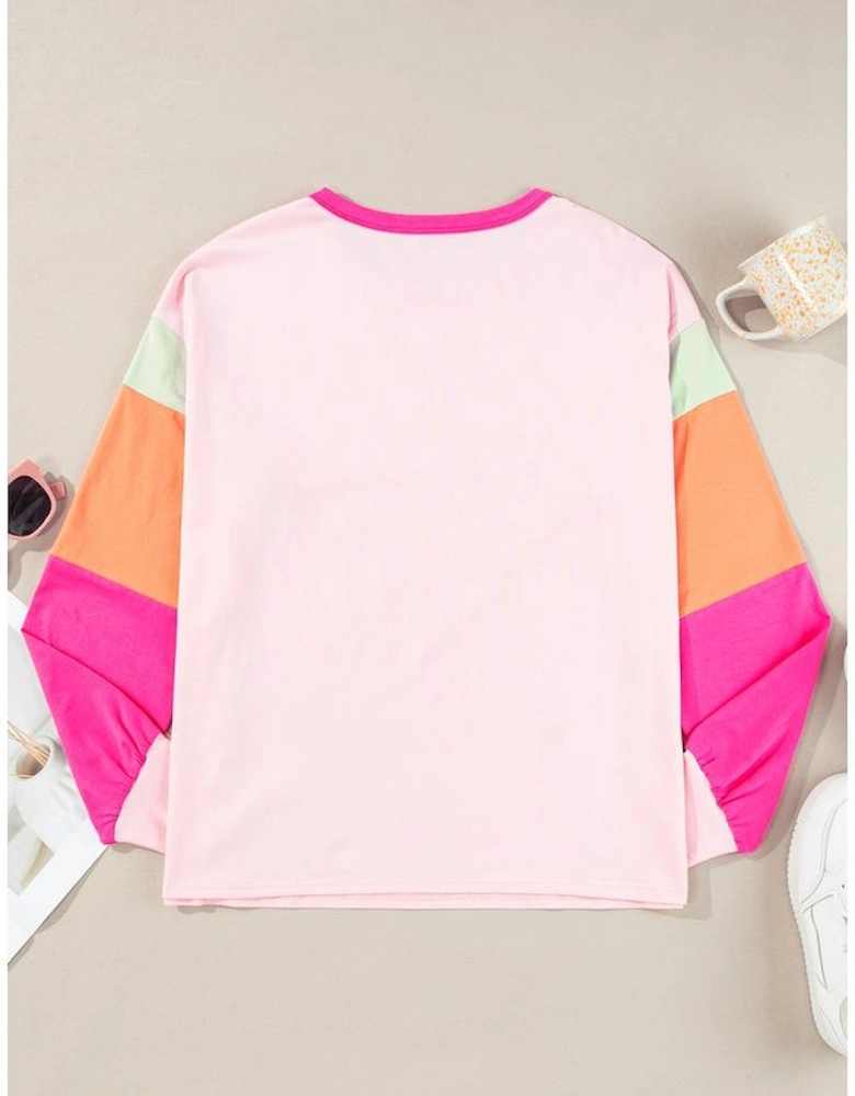 Pink Christmas Sequin Nutcracker Graphic Colorblock Long Sleeve Top