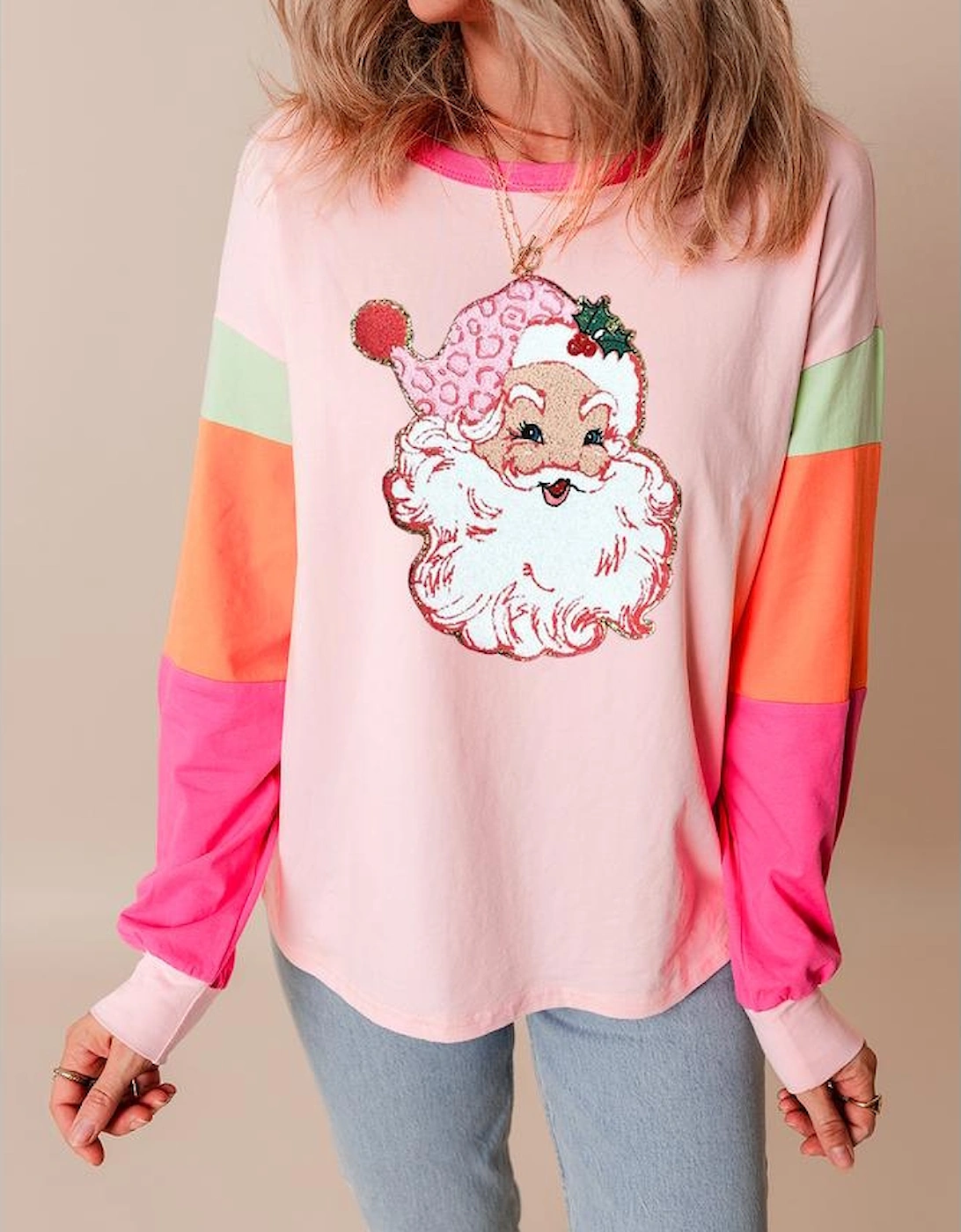 Pink Christmas Santa Claus Graphic Colorblock Patchwork Top, 10 of 9