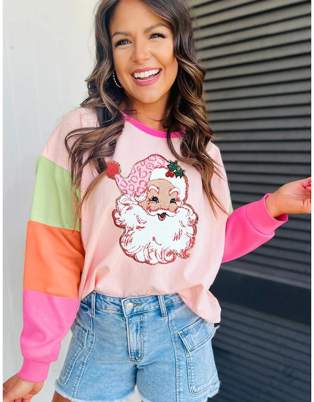 Pink Christmas Santa Claus Graphic Colorblock Patchwork Top