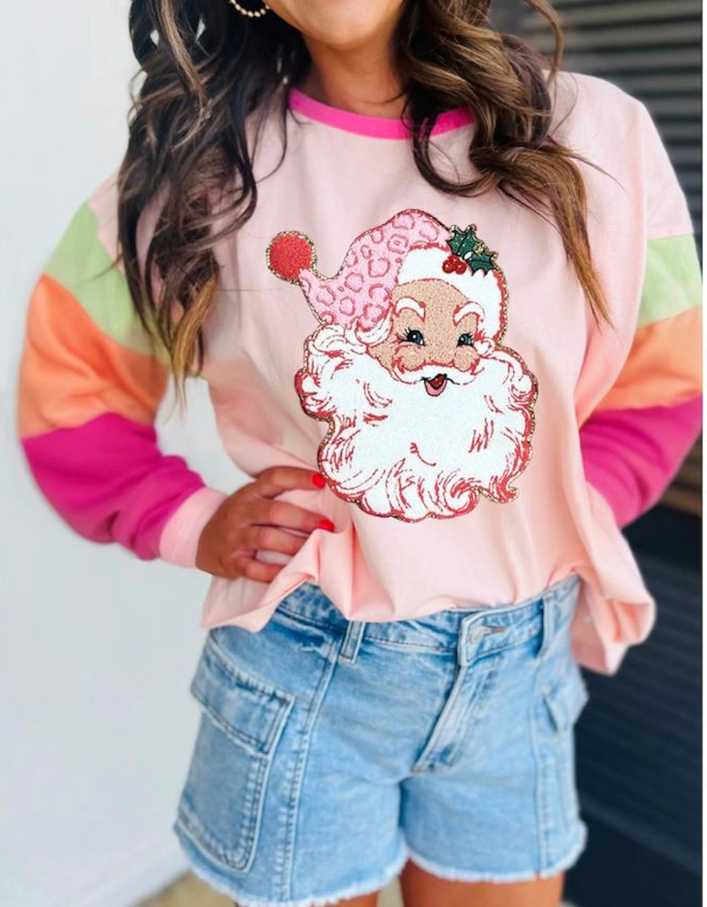 Pink Christmas Santa Claus Graphic Colorblock Patchwork Top