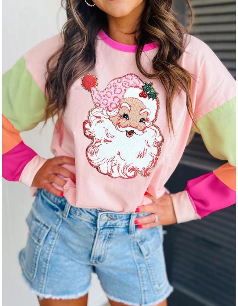 Pink Christmas Santa Claus Graphic Colorblock Patchwork Top
