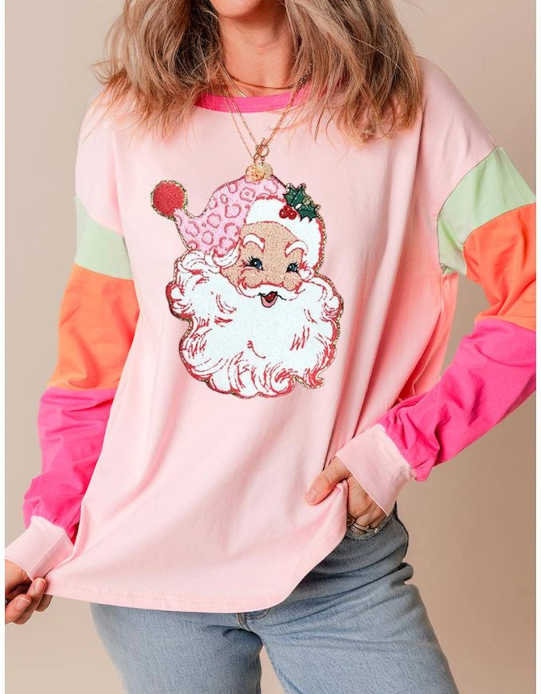 Pink Christmas Santa Claus Graphic Colorblock Patchwork Top