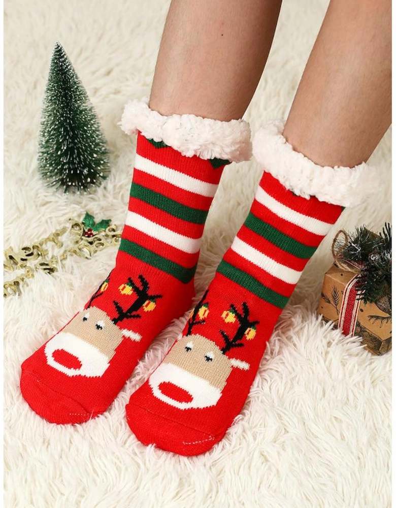 Azura Exchange Fiery Red Christmas Cartoon Pattern Woolen Knit Socks