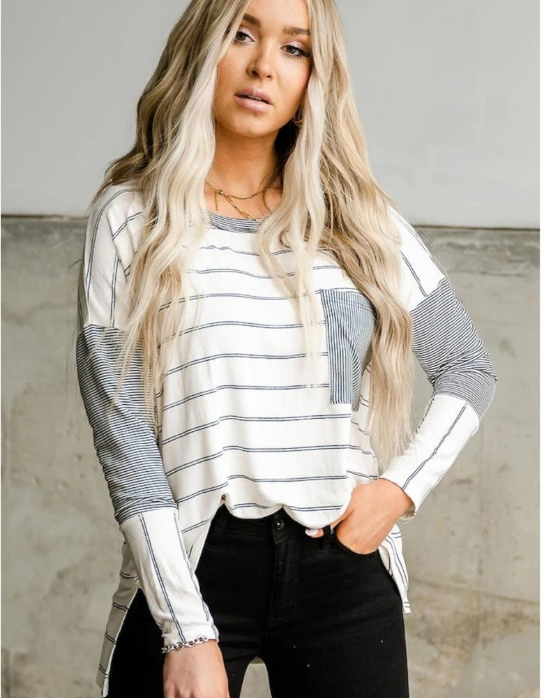 Stripe Patchwork High Low Side Slits Long Sleeve Top