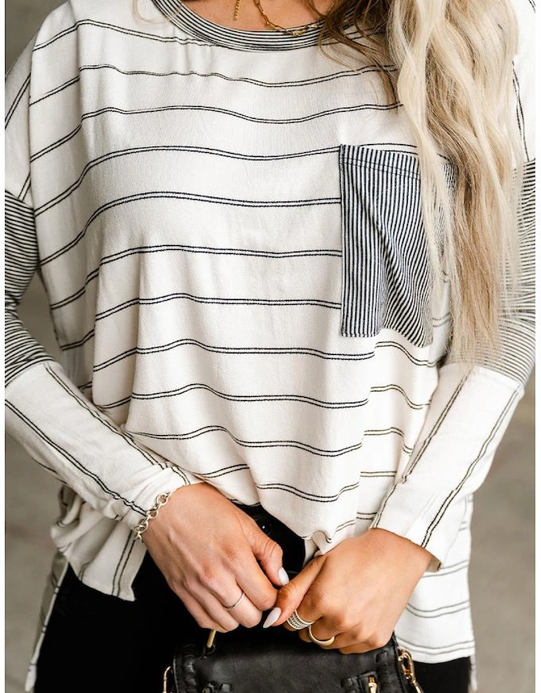 Stripe Patchwork High Low Side Slits Long Sleeve Top