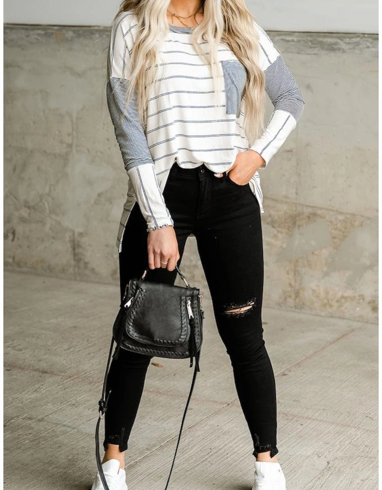 Stripe Patchwork High Low Side Slits Long Sleeve Top