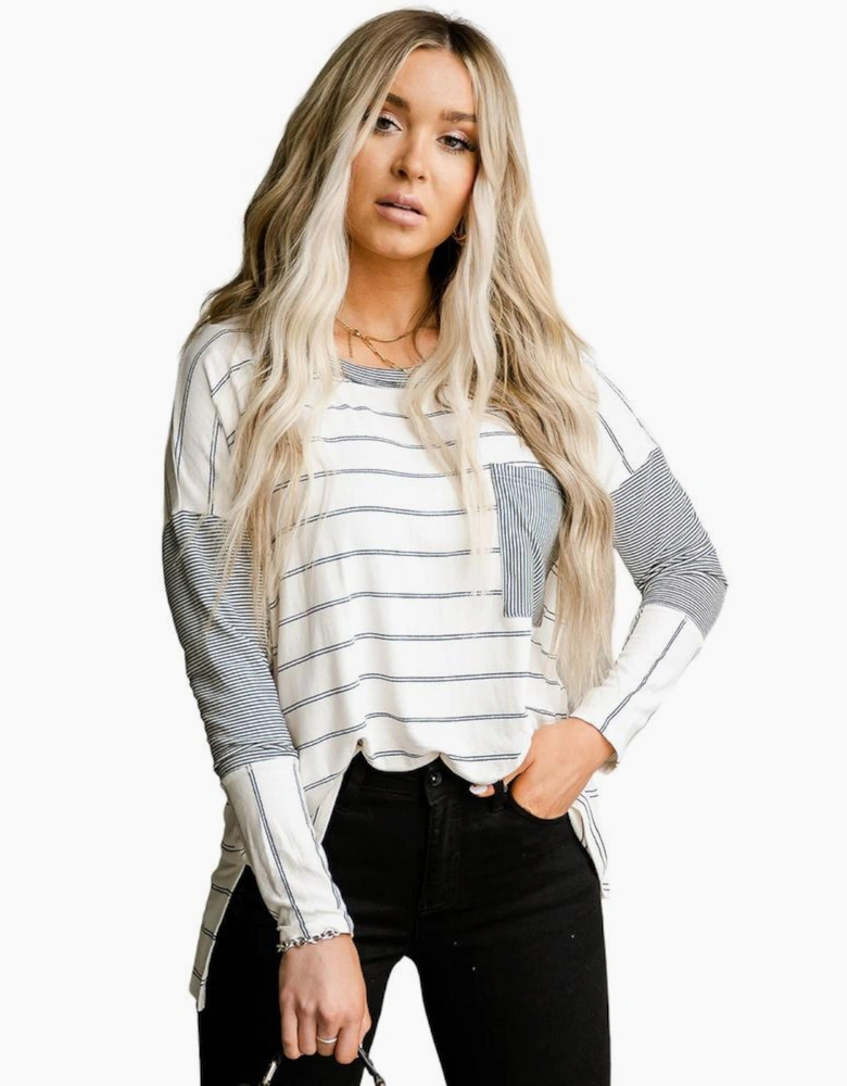 Stripe Patchwork High Low Side Slits Long Sleeve Top