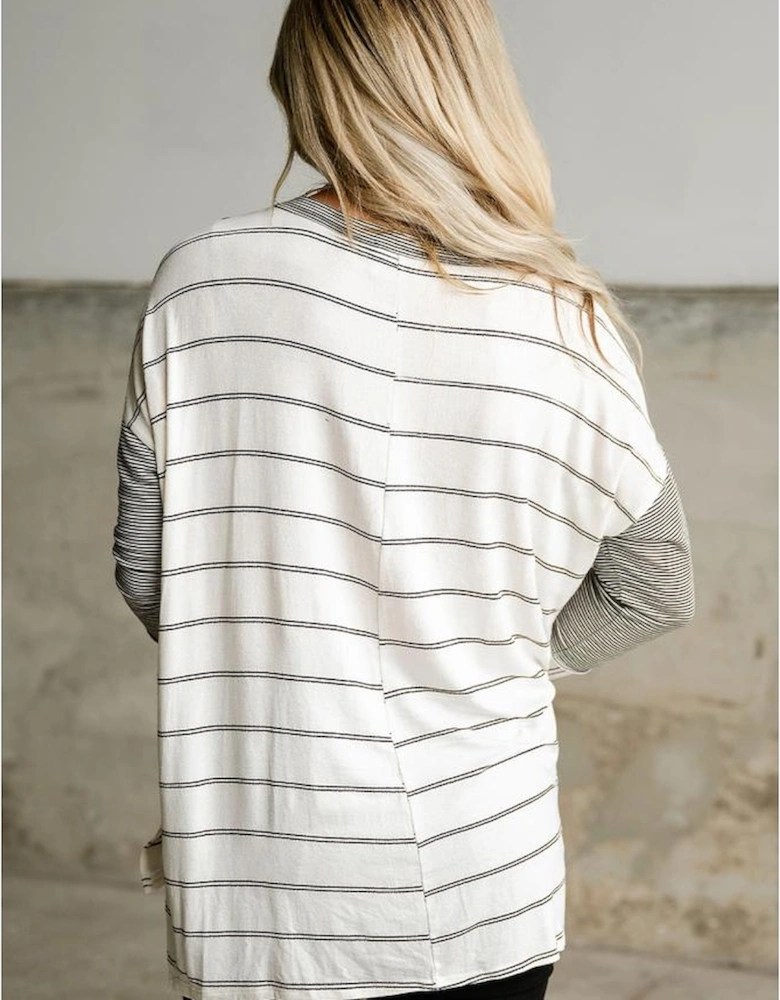 Stripe Patchwork High Low Side Slits Long Sleeve Top