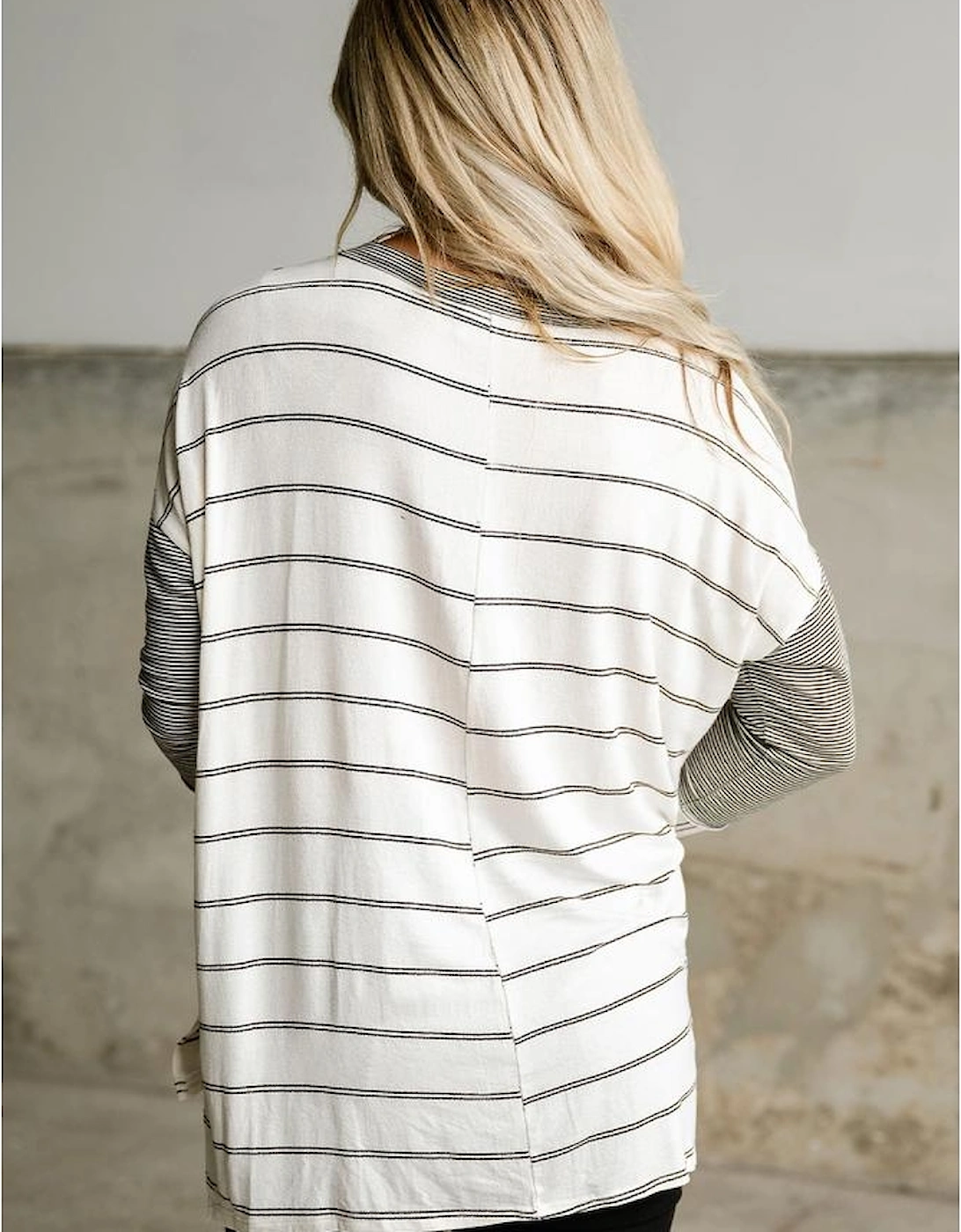 Stripe Patchwork High Low Side Slits Long Sleeve Top
