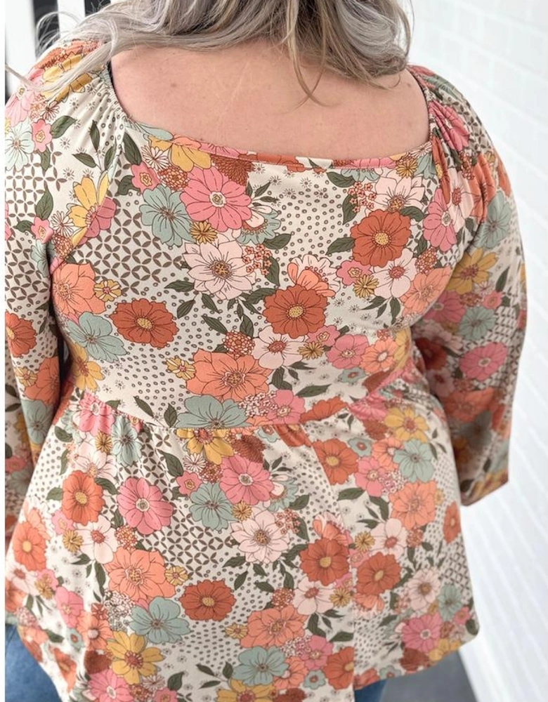 Khaki Plus Size Flower Print Square Neck Peplum Blouse