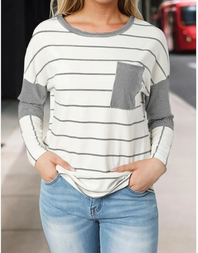 Stripe Patchwork High Low Side Slits Long Sleeve Top