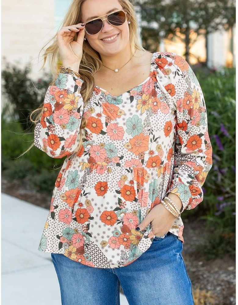 Khaki Plus Size Flower Print Square Neck Peplum Blouse