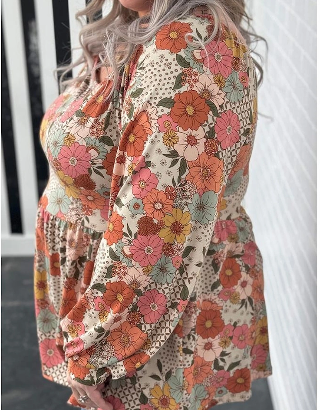 Khaki Plus Size Flower Print Square Neck Peplum Blouse