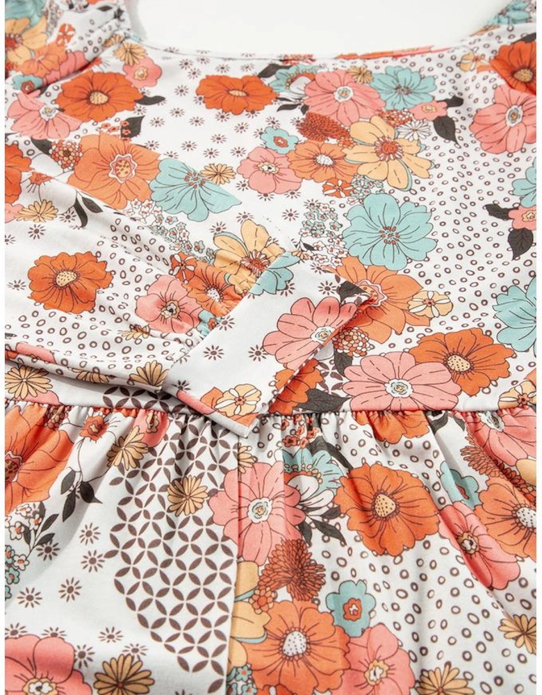 Khaki Plus Size Flower Print Square Neck Peplum Blouse