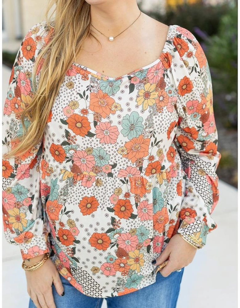 Khaki Plus Size Flower Print Square Neck Peplum Blouse