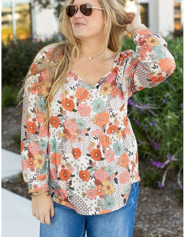 Khaki Plus Size Flower Print Square Neck Peplum Blouse